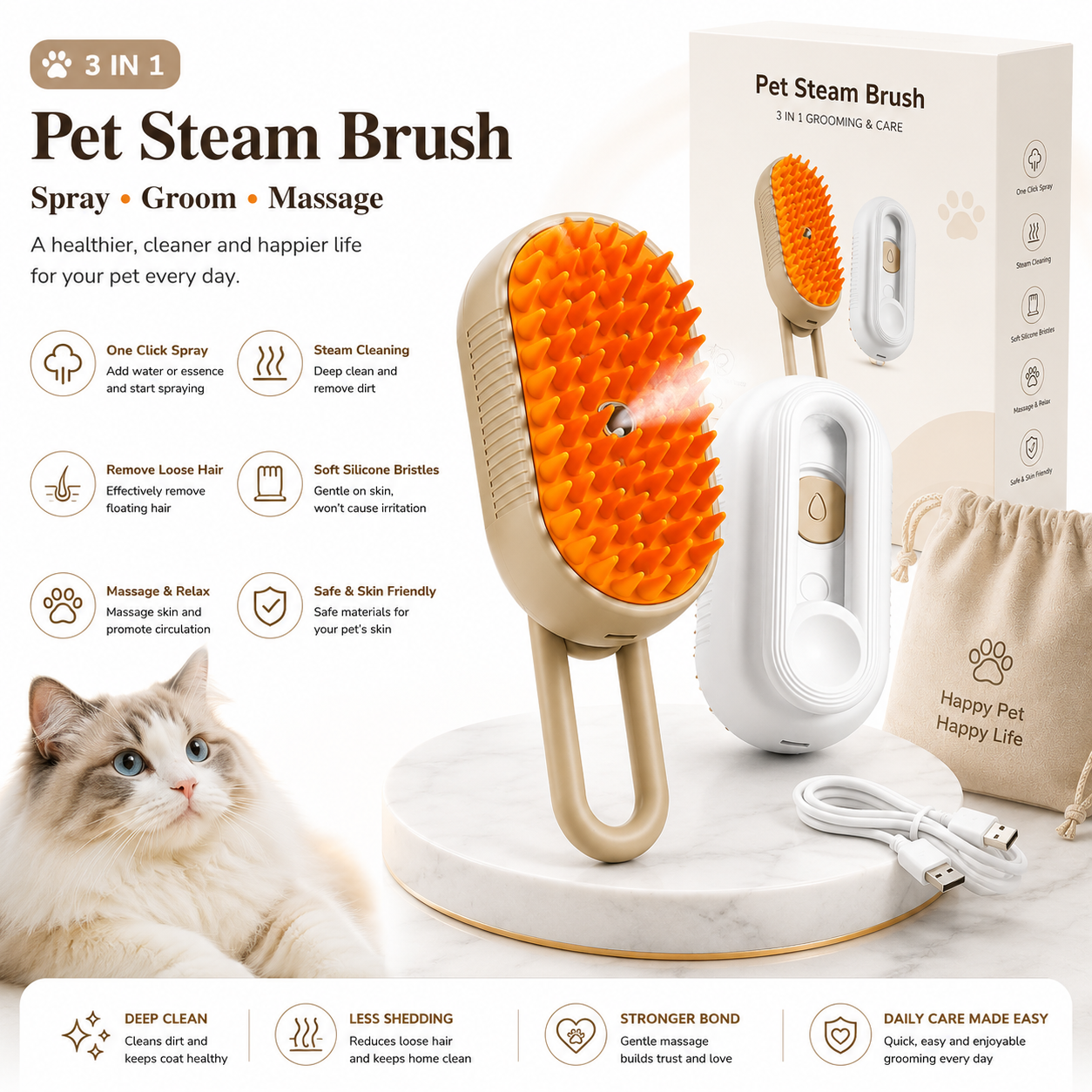 Premium Pet Steam Brush – Rechargeable Cat & Dog Grooming Comb