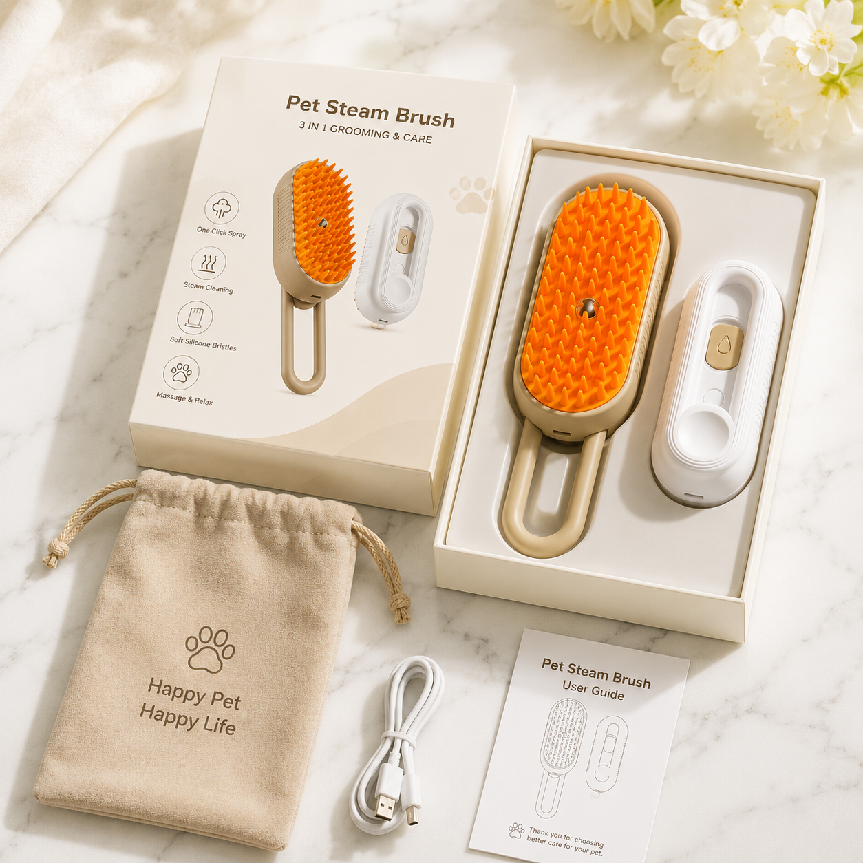 Premium Pet Steam Brush – Rechargeable Cat & Dog Grooming Comb